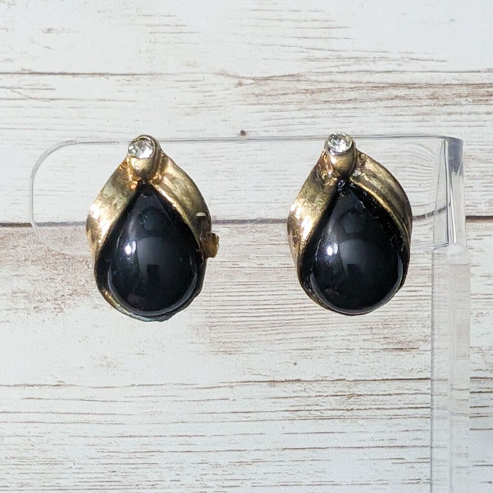 Vintage Clip On Earrings - Unusual Black with Clear Gem - Just Under 1"
